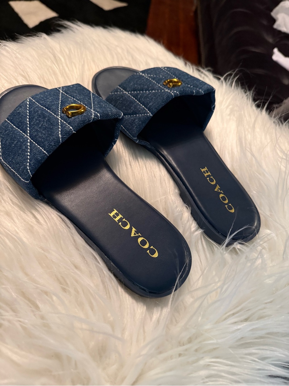 Women’s Navy Quilted Denim Slide Sandals - Picture 2 of 7